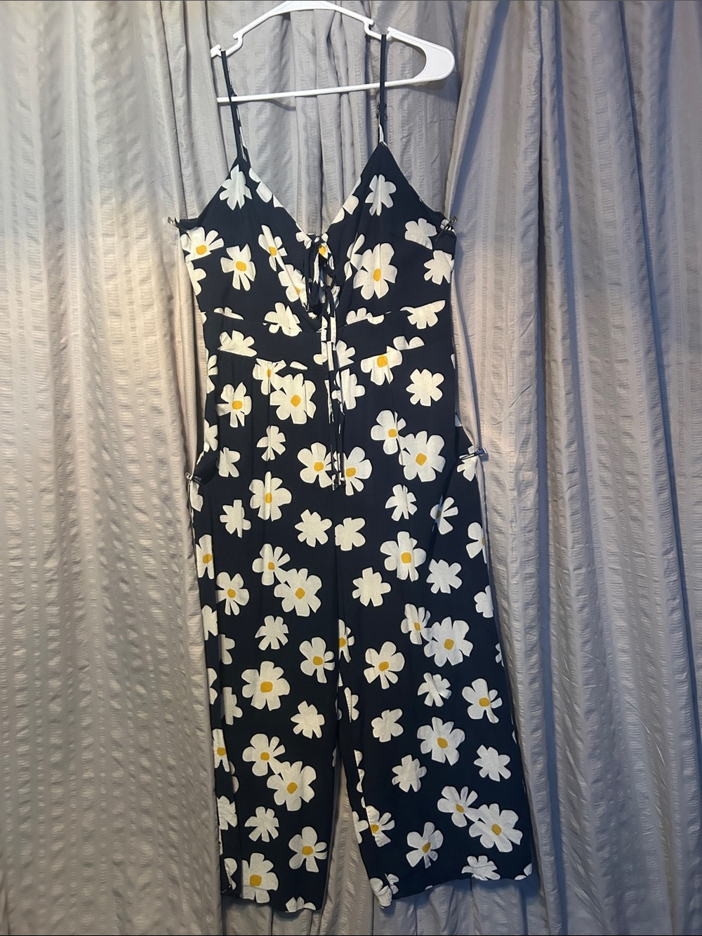 Luxology Black Spaghetti-Strap Jumpsuit with White & Yellow Daisy Print.